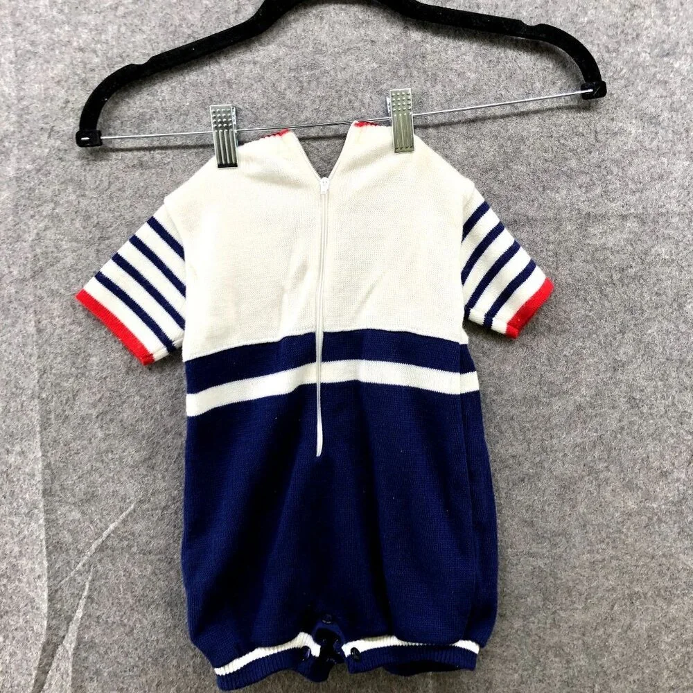 Vintage Friedknit Creations Knit Romper One Piece Baby 6-12M Sailor‎ Nautical